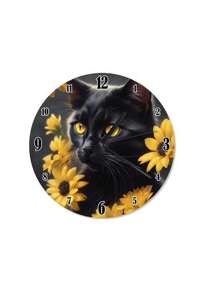 Kara Kedi Ve Sarı Çiçekler Dekoratif Duvar Saati Ahşap