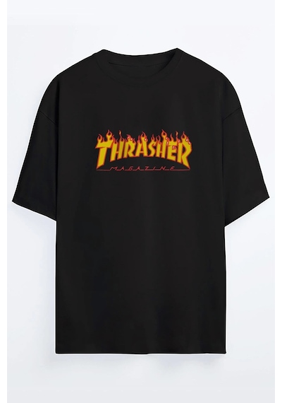 Tarzsokak Beyaz Trasher Baskılı Unisex Ovesize T-shirt Siyah