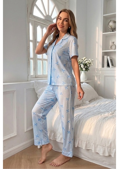 Bella Notte Mavi Soft Fiyonk Desenli Yazlık Pijama Takımı