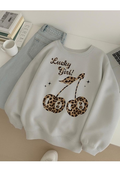 Benroma 3 İplik Penye Lucky Girl Baskılı Unisex Sweatshırt Gri