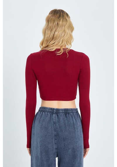Mixray 2005 Kadın Bisiklet Yaka Parmak Geçmeli Crop Örme Bluz Bordo Bordo