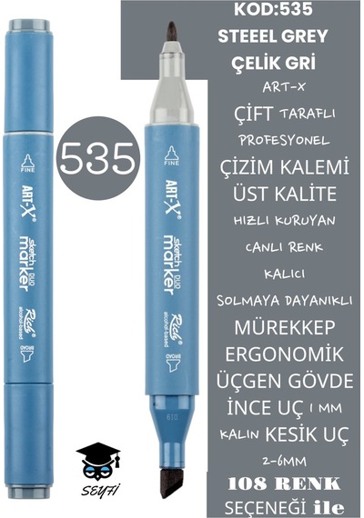 Çift Taraflı Profesyonel Çizim Kalemi Kalıcı Mürekkep Üçgen Gövde İnce Uç 1 Mm Kesik Uç 2-6mm Sketch 535-çelik Gri