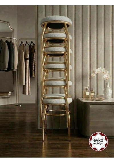Evko Mobilya Tabure, Bar Taburesi, 2 Adet Tabure, Puf, Bench, Metal Ayaklı Tabure, İç Içe Geçebilen Tabure, Mutfak Balkon Bahçe Taburesi Gold Krem