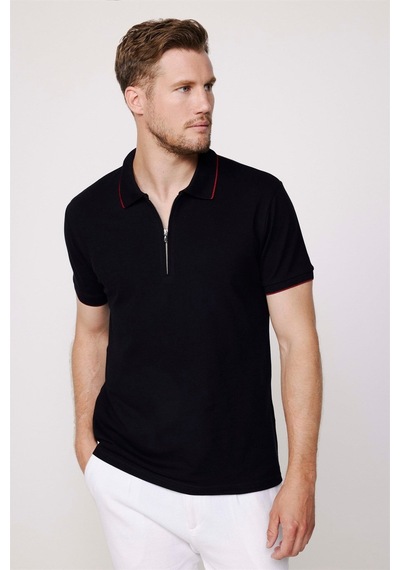 Tudors Erkek Slim Fit Dar Kesim %100 Pamuk Düz Pike Fermuarlı Siyah Polo Yaka Tişört-27685 Siyah