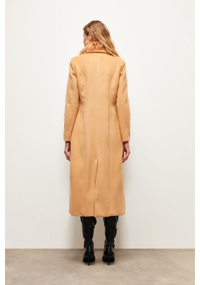 Sateen Yaka Kürklü Uzun Kaban - Camel-133693 Camel