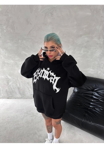 İkales Unisex Üç İplik Kapşonlu Baskılı Sweatshirt - Siyah
