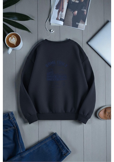 Uyguntarz Unisex Rome Itally Tasarım Baskılı Bisiklet Yaka Sweatshirt Lacivert