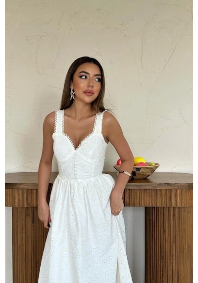 Defymoda Ekru Dantel Detaylı Askılı Elbise Ekru