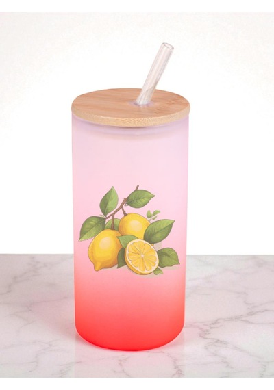 Limon Baskılı 600 Ml Cam Matara- Su Matarası, Suluk Matara, Cam Pipetli Matara Kırmızı