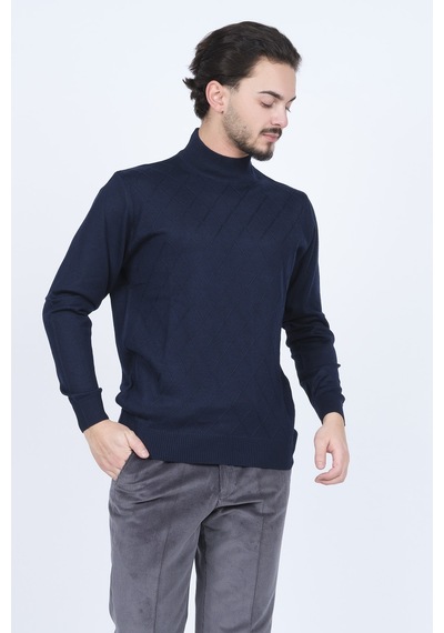 Woolen World Erkek Desenli Yarım Balıkçı Triko Yün Kazak 5596983 Lacivert