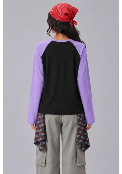 Cool Tarz Kadın Oversize Kontrast Kollu Raglan Bisiklet Yaka Düşük Omuzlu T-shirt Siyah-mor Siyah-mor Cool Tarz Kadın Oversize Kontrast Kollu Raglan Bisiklet Yaka Düşük Omuzlu T-shirt Siyah-mor Siyah-mor