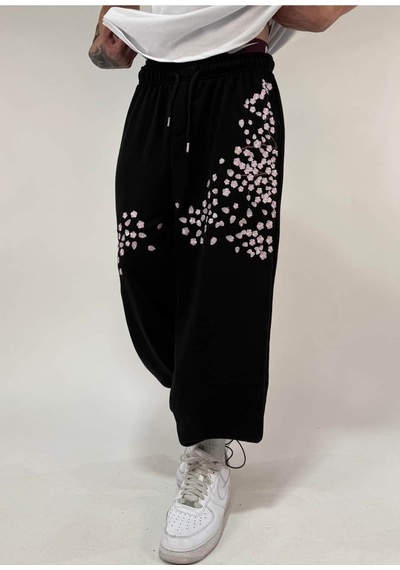 Zaee Sakura Nakışlı Baggy Ayarlanabilir Paça Eşofman Altı Siyah