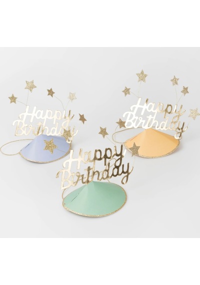Meri Meri - Happy Birthday & Stars Party Hats Foıl - Happy Birthday & Yıldızlar Parti Şapkaları 6'lı Çok Renkli