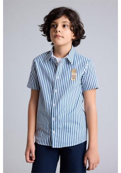 Defacto Ayıcılıklı Ayıcıklı Çizgili Poplin Gömlek Erkek Çocuk H2947A826SM Beyaz