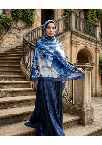 Moda Nuda Desenli Pamuk Soft Şal Mavi Soon Serisi - Mira İpek