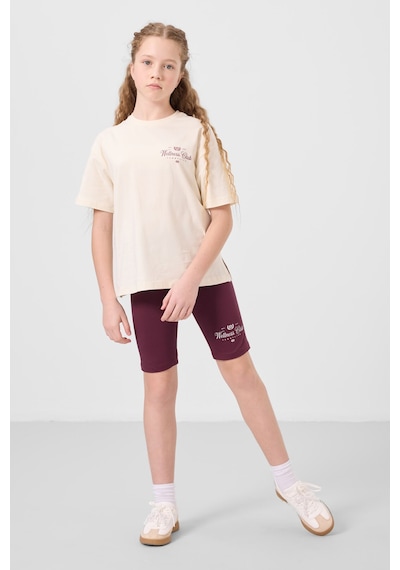 Tommylife Ekru-bordo Pamuklu O Yaka Standart Fit Baskılı Kız Çocuk Tayt Takım - 75190 Ekru