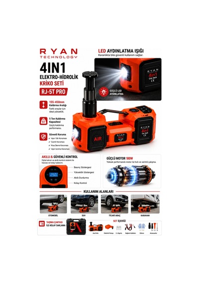 5 Ton Hidrolik Araç Krikosu 12v 4in1 Elektrikli Kriko Seti Hava Kompresörü Bijon Sökme Anahtarı Lastik Değiştirme Led Rj-5t Pro