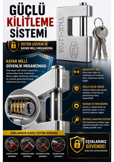 Ymk 70 Mm Kayar Milli Asma Kilit Çelik Gövdeli Güvenlik Kilidi 3 Anahtarlı Depo Garaj Bahçe Kapısı K