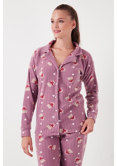 Lela Standart Fit Düğmeli Polarlı Bayan Pijama Takımı 6095615 Lila