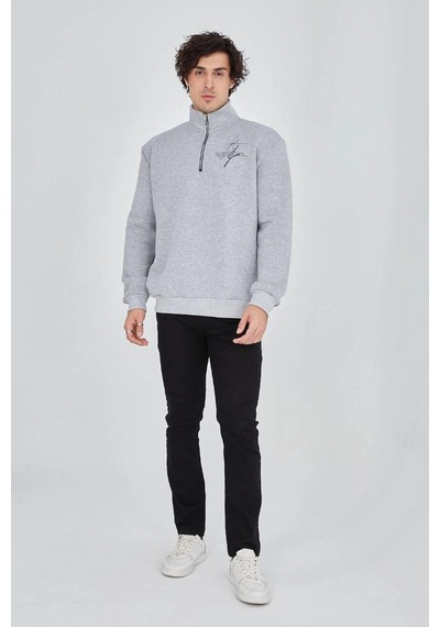 Barlashive Erkek Yarım Fermuarlı Baskılı 3 İplik Pamuklu Sweatshirt - Gri Çok Renkli