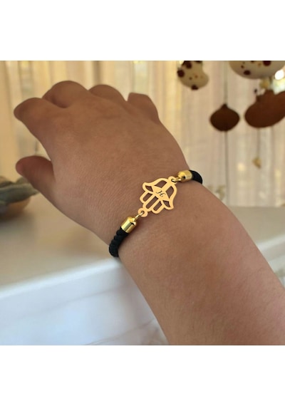 H Harfine Özel Siyah İpek Örgülü Hamsa Motifli 14 Ayar Altın Plakalı Hediye Bileklik-509harf H
