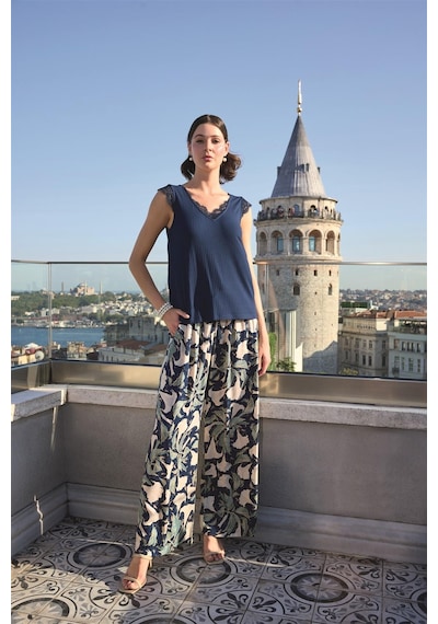 Monamise Kadın Yaprak Desenli Ve Dantelli 3'lü Pijama Takımı 24143 Lacivert