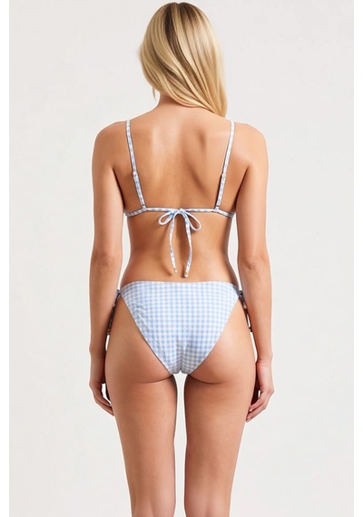 Benerly Kadın Bikini Takımı Üçgen Kaplı Kolsuz Ekose Desenli Düşük Bel Bo Açık Mavi