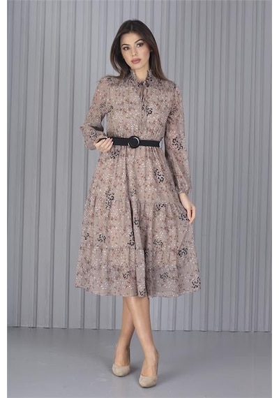Dip Moda Kadın Kemerli Leopar Desenli Şifon Elbise Dpapcx04 BEJ