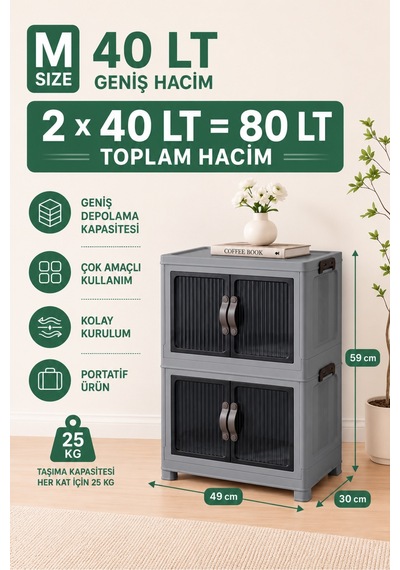 İstiflenebilir Organizer Dolap Çok Amaçlı Kapaklı Portatif Şık Görünümlü 2 Adet Renkli