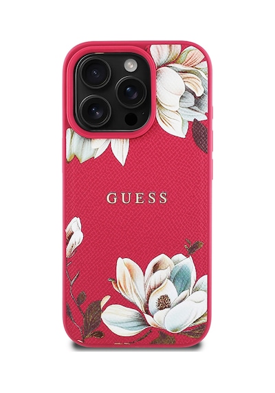 Apple Uyumlu iPhone 15 Pro Max Kılıf Guess Lisanslı Magsafe Özellikli Çiçek Tasarımlı Metal Logolu Kapak Fuşya