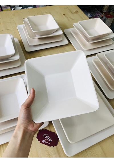 Keramika Mat Krem Kare 24 Parça 6 Kişilik Yemek Takımı