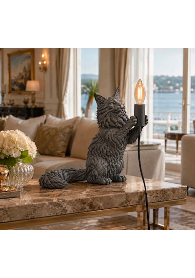 3dlab 3d Lab Siyah Kedi Figürlü Premium Dekoratif Masa Lambası Gri