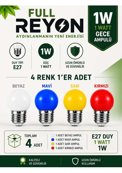 1 Watt 4 Adet 4 Renk E27 Duy Renkli Gece Ampulü, Loş Işık Sevenler İçin Ağaç Feneri Ampulü - 4 Renk