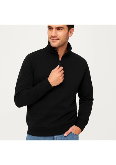 Veraura Lifestyle Erkek Dik Yaka Sweatshirt Dik Yaka Yarım Fermuarlı 3 İplik Şardonlu Pamuk Kumaş - Siyah