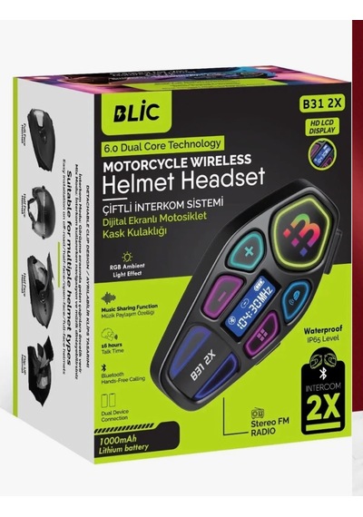 Blic B31 2x Motosiklet Kask Interkom Kulaklık 2 Li Eşleşme, Bluetooth 5.0, Fm Radyo, Rgb Işıklı, 1000mah Batarya,