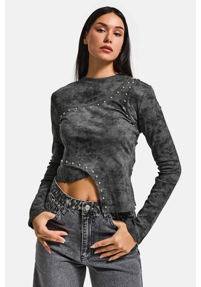 it's basic Kadın Antrasit Gri W5 Asimetrik Kesim Drop Detaylı Özel Tasarım Crop Top