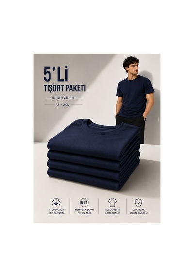 Masion Rae Erkek 5'li Basic Regular Fit Tişört Seti %100 Pamuk Bisiklet Yaka Lacivert Renk