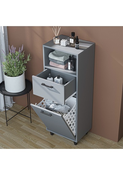 Çamaşır Sepetli Banyo Dolabı, Çok Amaçlı Çekmeceli Dolap 45 Cm Kül Gri