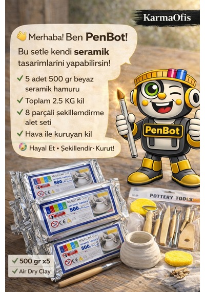 Seramik Hamuru Seti 5x500 Gr + 8 Parça Şekillendirme Alet Seti Air Dry Kil Modelleme Seti Krem