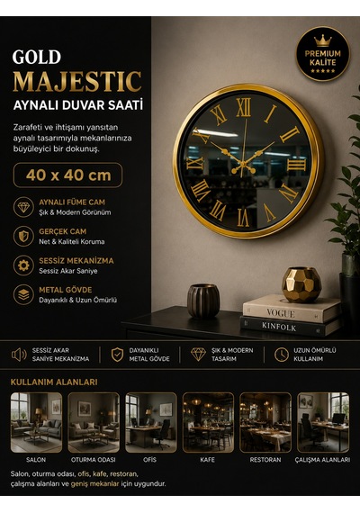 Gold Majestic Aynalı 40 X 40 Cm Duvar Saati
