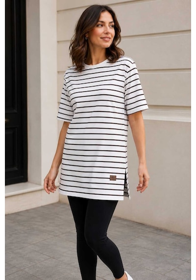 Tenra Kadın Beyaz Çizgili Oversize Kısa Kol Basic Tunik Tişört Siyah