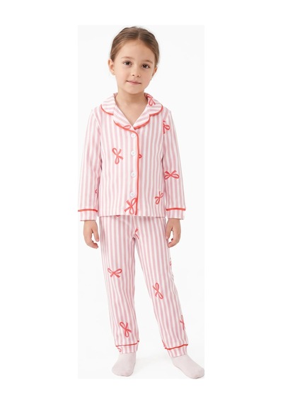 Bebegen Kız Bebek Beyaz Pudra Fiyonklu Çizgili Pijama Takımı