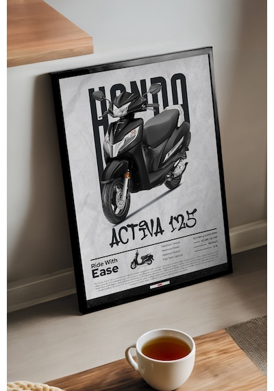 Honda Activa 125 Siyah Ahşap Çerçeveli Poster, Dekoratif Motosiklet Duvar Tablosu