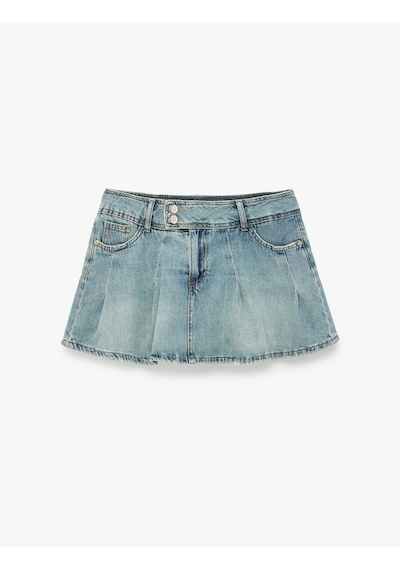 Koton Cepli Düğme Detaylı Rahat Kalıp Pamuklu Pileli Denim Şort Etek Açık İndigo 7wal70010md
