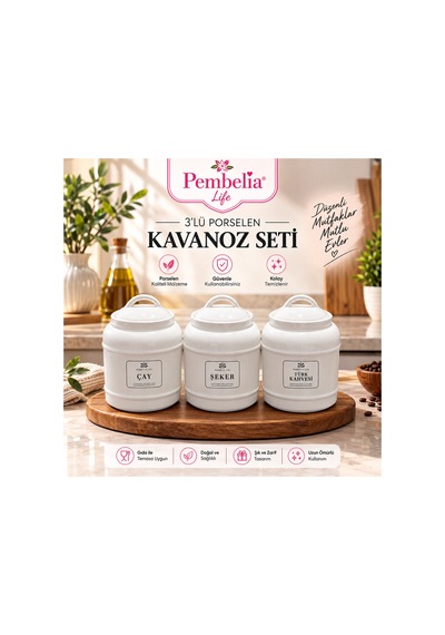 3 Lü Porselen 1000 Ml Bakliyat Baharat Çay Şeker Kahve Saklama Kavanozu Kavanoz Takımı Beyaz Beyaz
