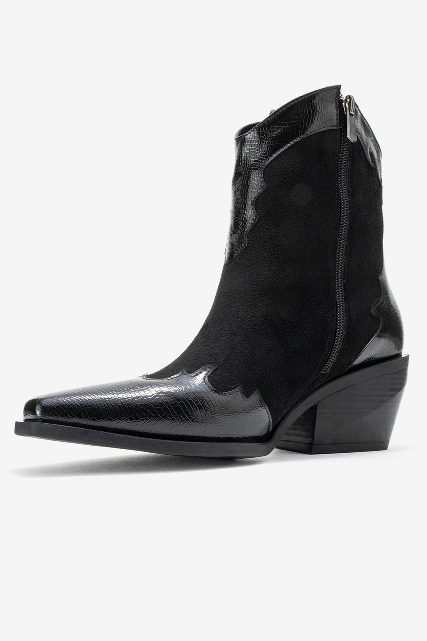 Luvishoes Luvi Shoes Loel Siyah Süet Siyah Desenli Kadın Kalın Topuklu Western Bot Siyah - Süet