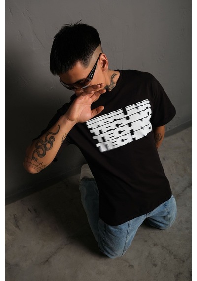 Technomonkey Unisex Siyah Oversize Techno Baskılı Tişört