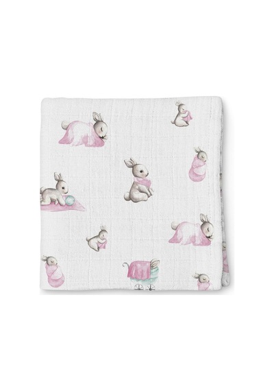 % 100 Pamuk Müslin Bebek Örtüsü - Bébé Lapin Rose 70x70 Cm Throw7019