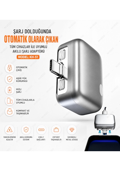 Nvg Akıllı Şarj Adaptörü Usb-c Otomatik Güç Kesme Şarj Koruyucu %100 Dolunca Şarjı Durduran Pil Koruma Aparatı Type-c Tüm Cihazlarla Uyumlu Telefon Araç
