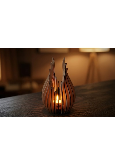 Ateş 3'lü Tealight Mumluk Ahşap Mumluk + Led Pilli Mum Ham Mdf